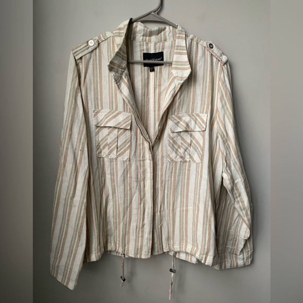 VELVET HEART Women’s Cream w/ Pale Pink Green & Tan Stripes Long Sleeve Jacket - Picture 7 of 8